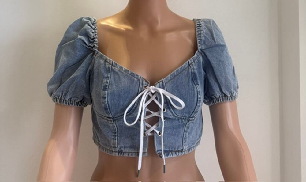 Denim Lace Up Corset Crop Top Puff Sleeve Light Wash
